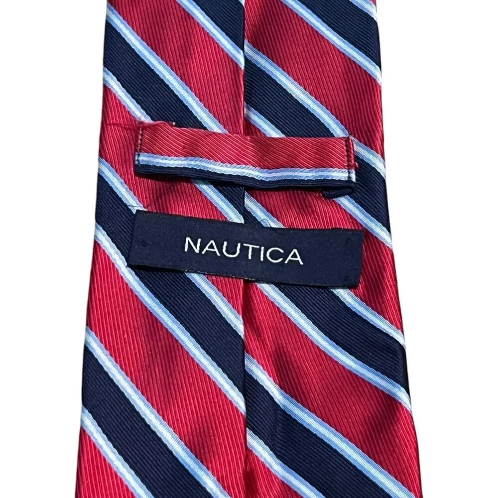 Nautica 100% Silk Striped Self Pointed Career Neck Tie Red Blue Men's 58